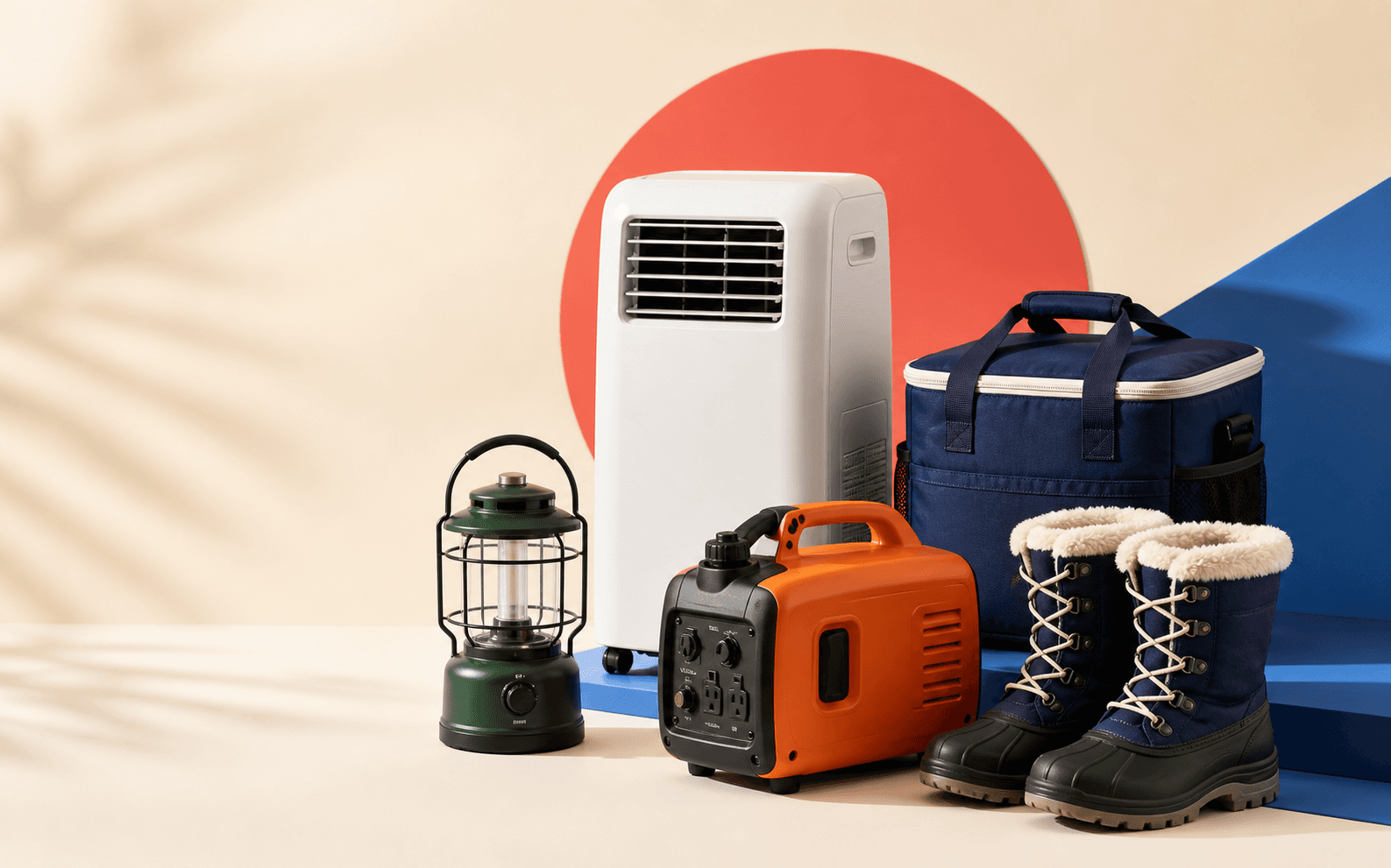 Seasonal essentials including a portable air conditioner, generator, lantern, cooler and winter boots